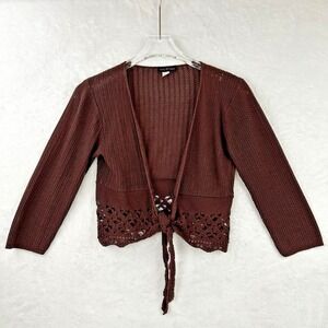 Minded Womens M‎ Brown Knit Long Sleeve Cropped Sweater Front Tie Cut Out Hem